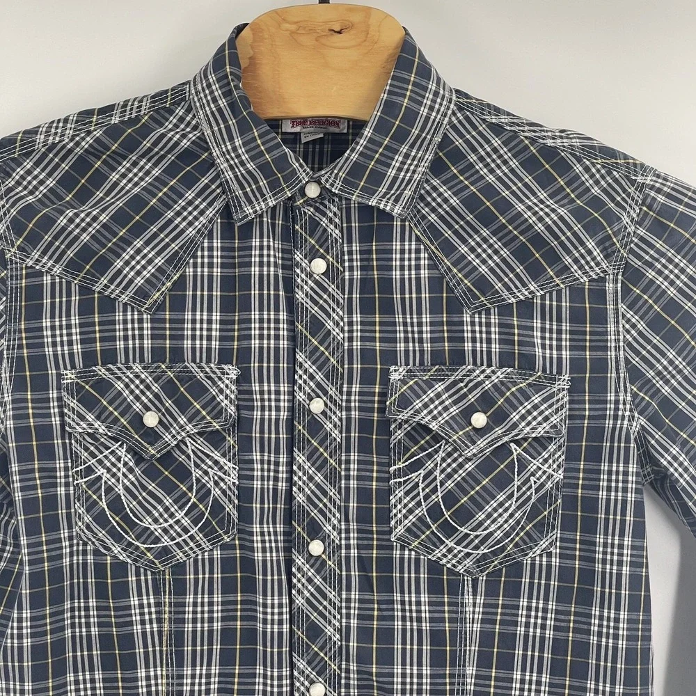True Religion Pearl Snap Shirt Mens XLarge Blue Plaid Cotton Long Sleeve Western